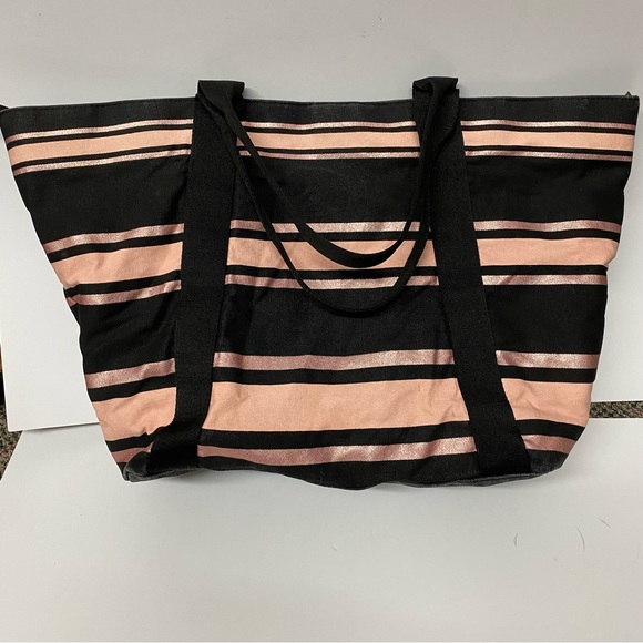 Victoria’s Secret Love Victoria Large Tote Bag Black Metallic Pink Stripes - Picture 3 of 5